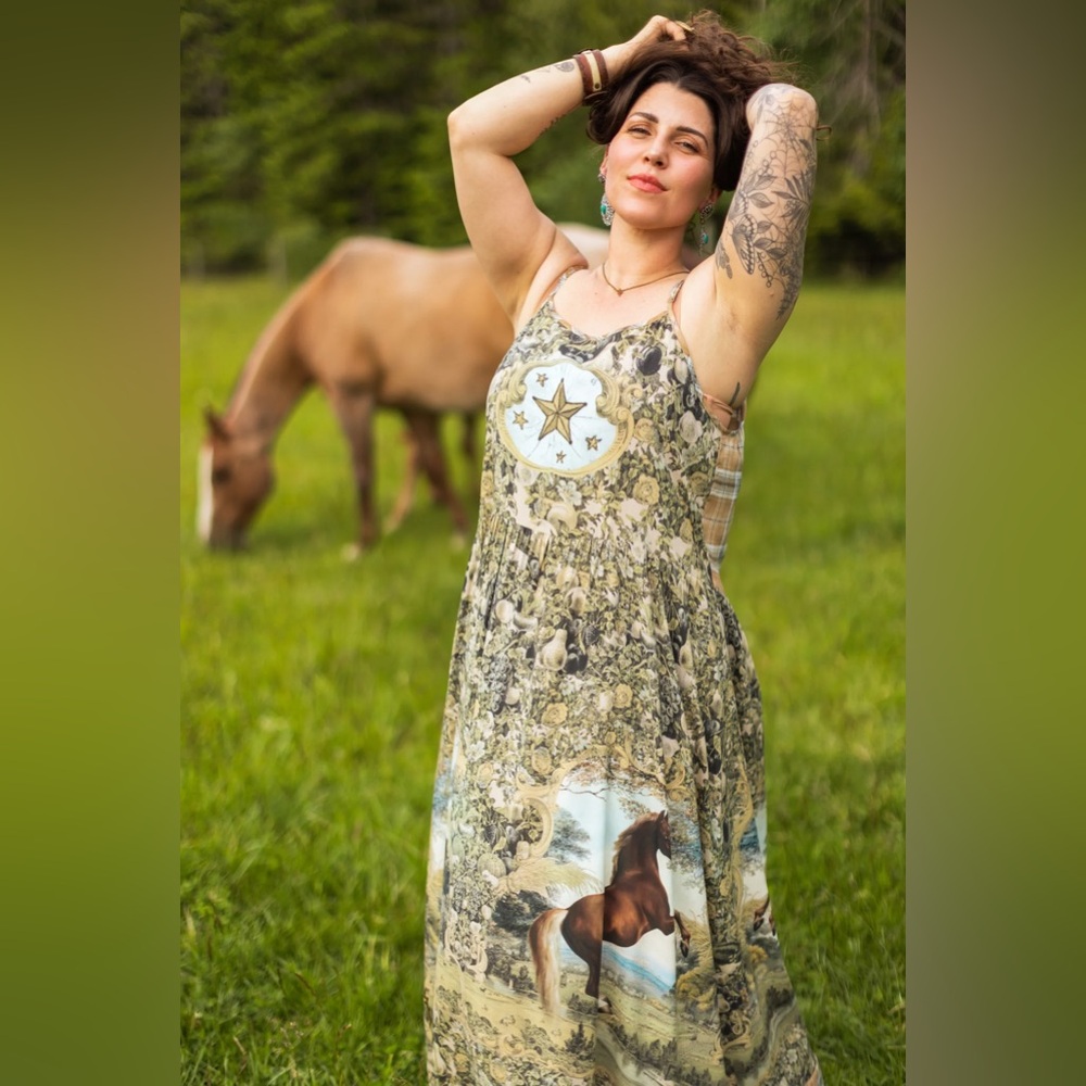 ⭐️Market of Stars⭐️ Born to Run Vintage Rustic Western Freedom Wear Horse Dress - Picture 11 of 12